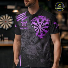 Load image into Gallery viewer, Man wearing a purple grunge dartboard darts jersey front view.