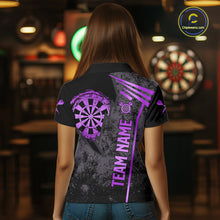 Load image into Gallery viewer, Back view of woman wearing a purple grunge dartboard darts shirt.
