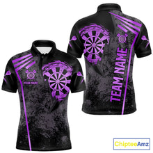 Load image into Gallery viewer, Purple grunge dartboard darts polo shirt for men with custom darts team graphics.