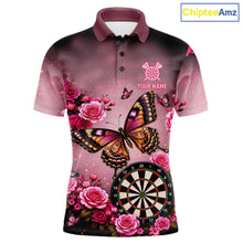 Load image into Gallery viewer, Butterfly and rose darts polo shirt for men with custom darts team graphics.