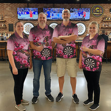 Load image into Gallery viewer, Darts team wearing matching butterfly and rose darts jerseys during league competition front view.