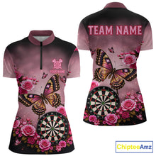 Load image into Gallery viewer, Butterfly and rose darts quarter zip shirt for women designed for league tournaments and team events.