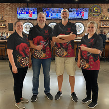 Load image into Gallery viewer, Darts team wearing matching black and red rhino darts jerseys during league competition front view.