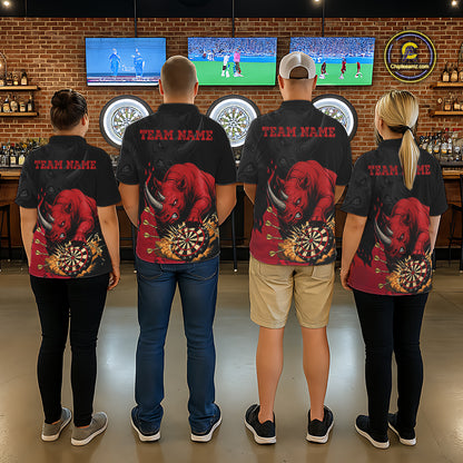 Back view of darts players wearing matching black and red rhino darts shirts.