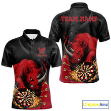 Load image into Gallery viewer, Black and red funny rhino darts polo shirt for men with custom darts team graphics.
