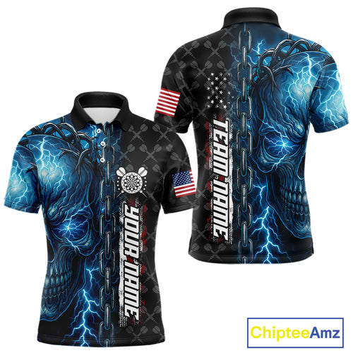 Personalized Blue Darts Skull Thunder Lightning Darts Shirt For Men, US Flag Darts Team Jersey TDM4613