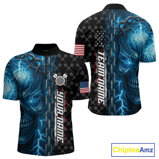 Personalized Blue Darts Skull Thunder Lightning Darts Shirt For Men, US Flag Darts Team Jersey TDM4613