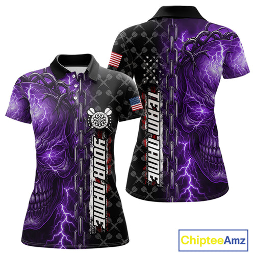 Personalized Purple Darts Skull Thunder Lightning Darts Shirt For Women, US Flag Darts Team Jersey TDM4614