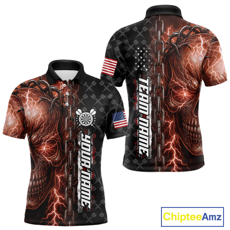 Personalized Orange Darts Skull Thunder Lightning Darts Shirt For Men, US Flag Darts Team Jersey TDM4615