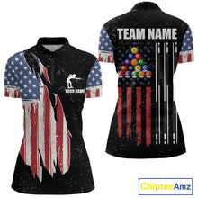 Load image into Gallery viewer, Personalized Grunge American Flag Women&#39;s Billiard Shirt, Patriotic Pool Team Shirt Polo &amp; 1/4 Zip TDM5242