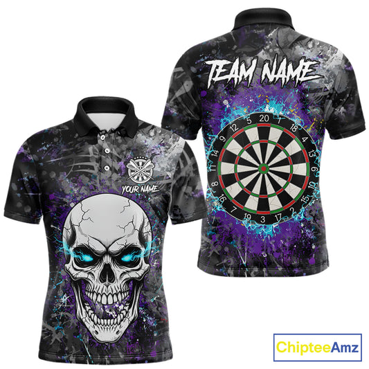 Blue Purple Grunge Skull Darts Polo & 1/4 Zip For Men Custom Darts Team Jersey, Funny Darts Gifts TDM5504