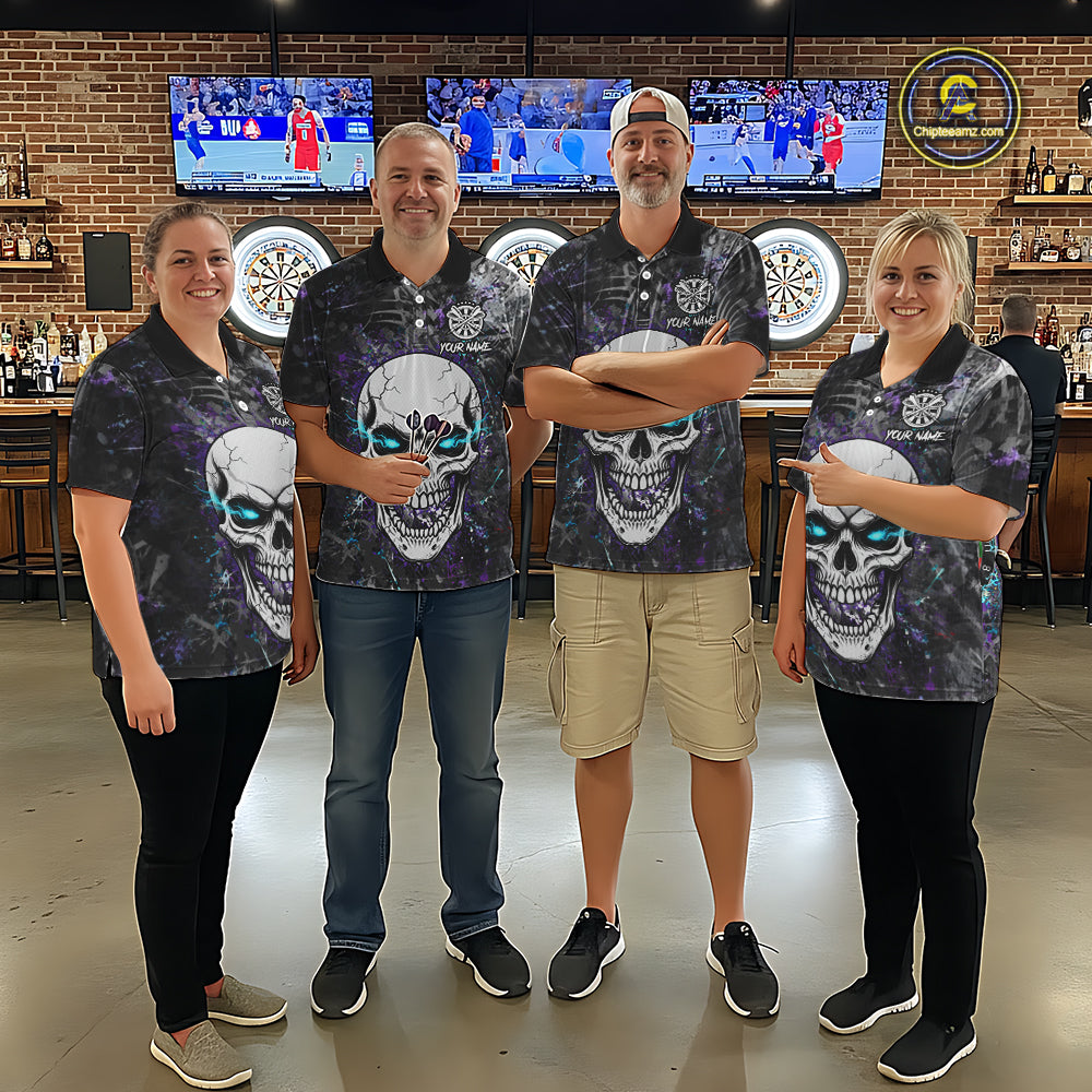 Blue Purple Grunge Skull Darts Polo & 1/4 Zip For Men Custom Darts Team Jersey, Funny Darts Gifts TDM5504