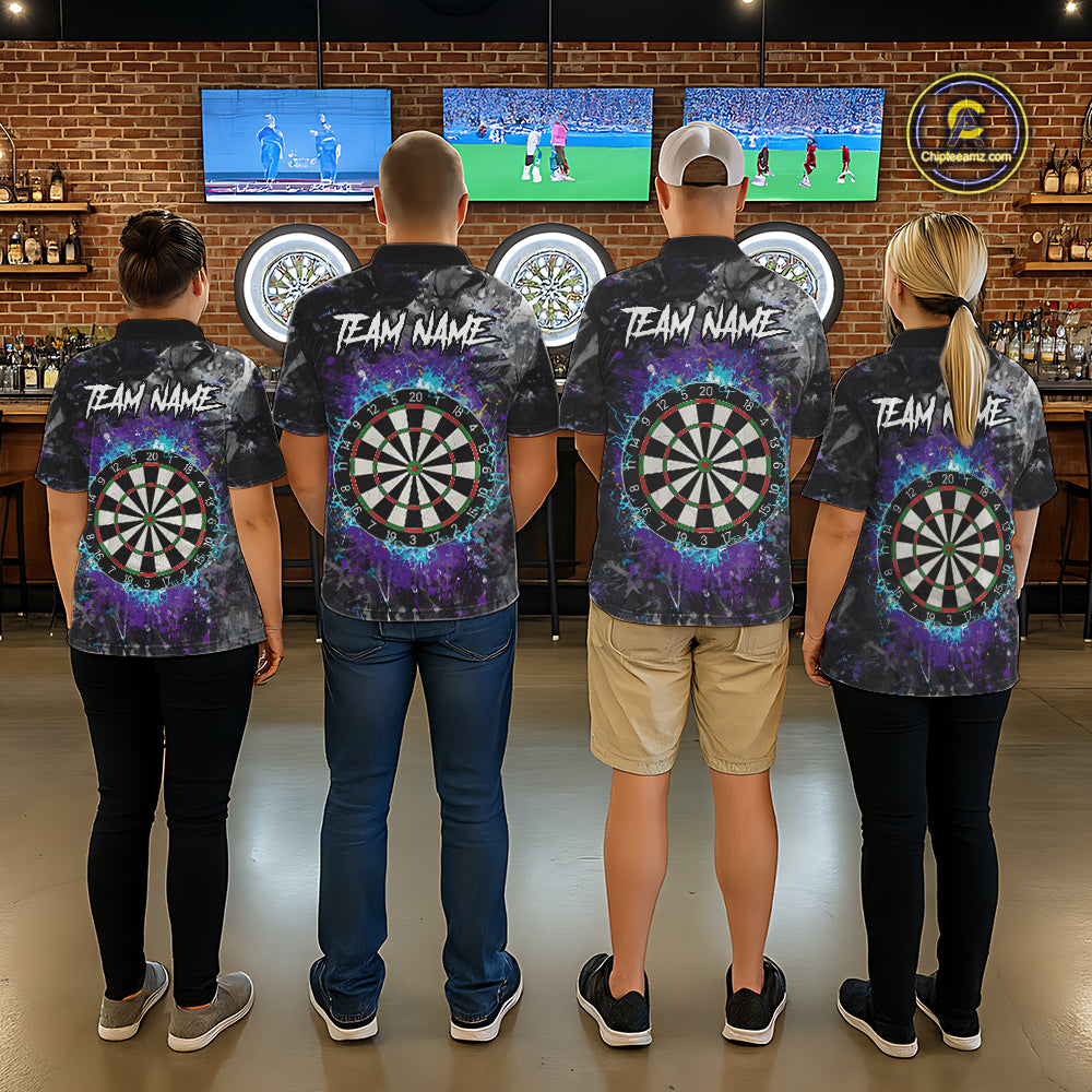 Blue Purple Grunge Skull Darts Polo & 1/4 Zip For Men Custom Darts Team Jersey, Funny Darts Gifts TDM5504