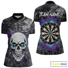 Load image into Gallery viewer, Blue Purple Grunge Skull Darts Polo &amp; 1/4 Zip For Women Custom Darts Team Jersey, Funny Darts Gifts TDM5504