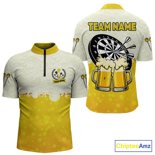 Personalized Yellow Funny Darts And Beer Men's Dart Shirts, Darts Team Jersey Polo & 1/4 Zip TDM5509