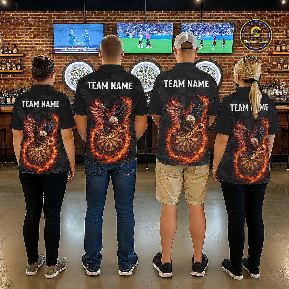 Personalized Fire Flame US Flag Eagle Darts Shirt For Men Custom Darts Jersey Team Polo & 1/4 Zip TDM5760