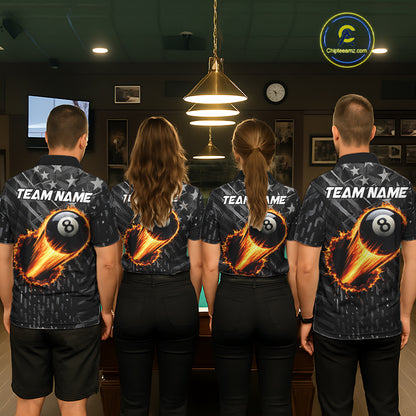 Black US Flag 8 Ball Fire Billiard Shirt For Women Custom Billiard Team Jersey Polo & 1/4 Zip TDM6122