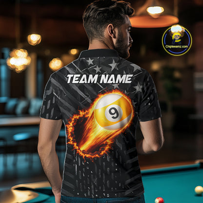 Black US Flag 9 Ball Fire Billiard Shirt For Men Custom Billiard Team Jersey Polo & 1/4 Zip TDM6123