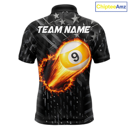 Black US Flag 9 Ball Fire Billiard Shirt For Men Custom Billiard Team Jersey Polo & 1/4 Zip TDM6123