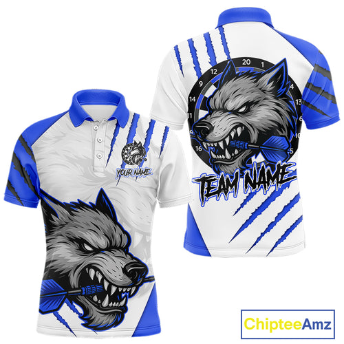 Blue And White Custom Claw Wolf Dart Shirts For Men, Dart Team Shirt Polo & 1/4 Zip, Dart Jerseys TDM4032