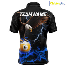 Load image into Gallery viewer, Blue Flaming Eagle 8 Ball &amp; 9 Ball Billiard Shirts For Men Custom Pool Team Jersey Polo &amp; 1/4 Zip TDM6561