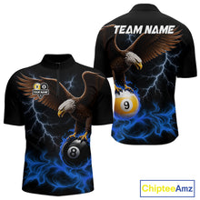 Load image into Gallery viewer, Blue Flaming Eagle 8 Ball &amp; 9 Ball Billiard Shirts For Men Custom Pool Team Jersey Polo &amp; 1/4 Zip TDM6561