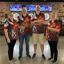 Load image into Gallery viewer, Darts team wearing matching red fire dartboard darts jerseys during league competition front view.
