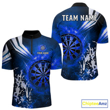 Load image into Gallery viewer, Blue fire dartboard darts quarter zip shirt for men designed for league tournaments and team events.
