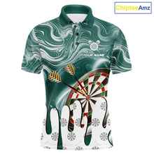 Load image into Gallery viewer, Green marble swirl darts polo shirt for men with custom darts team graphics.