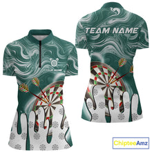 Load image into Gallery viewer, Green marble swirl darts quarter zip shirt for women designed for league tournaments and team events.