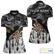 Load image into Gallery viewer, Black marble swirl darts quarter zip shirt for women designed for league tournaments and team events.