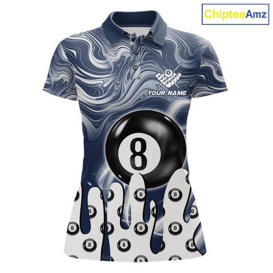 Blue marble swirl 8 ball billiard polo shirt for women with custom pool team graphics.