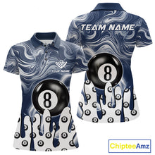 Load image into Gallery viewer, Blue marble swirl 8 ball billiard polo shirt for women with custom pool team graphics.