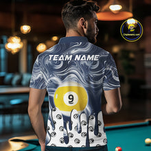 Load image into Gallery viewer, Back view of man wearing a blue marble swirl 8 ball and 9 ball pool shirt in a billiards hall.