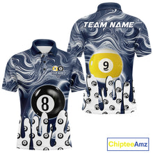 Load image into Gallery viewer, Blue marble swirl 8 ball and 9 ball billiard polo shirt for men with custom pool team graphics.