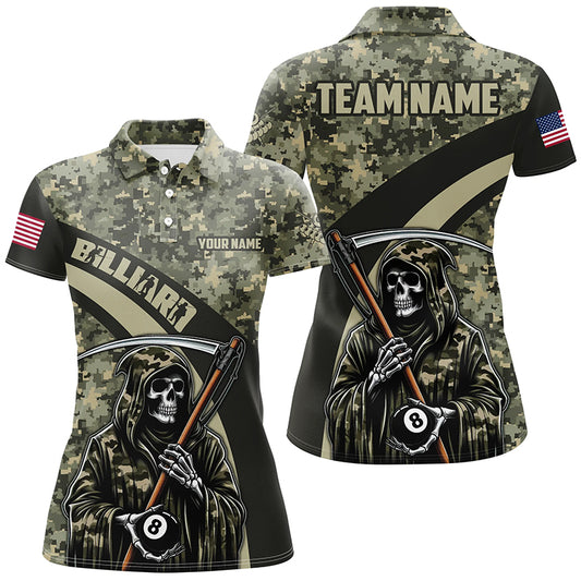 Personalized Grim Reaper Green Camo Billiard Shirts For Women Custom Military Billiard Jerseys TDM2062