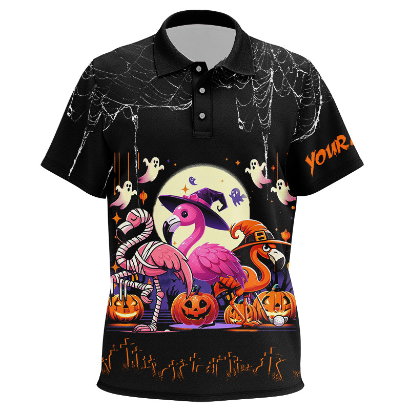 Funny Kid Golf Polo Shirts Black Halloween Pattern Custom Name Flamingo Golf Friend Outfits TDM2542