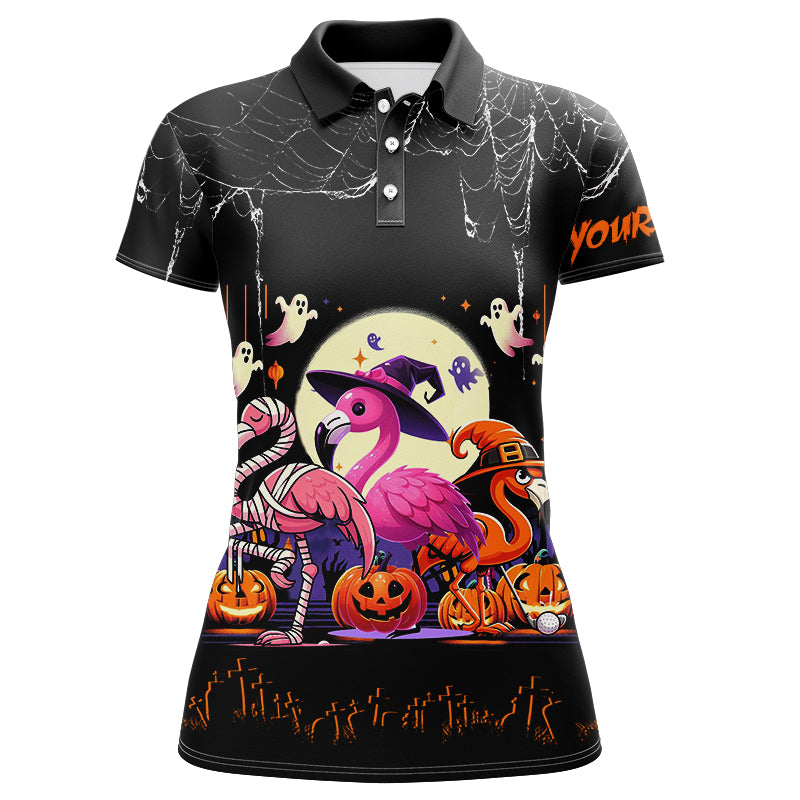 Funny Womens Golf Polo Shirts Black Halloween Pattern Custom Name Flamingo Golf Friend Outfits TDM2542