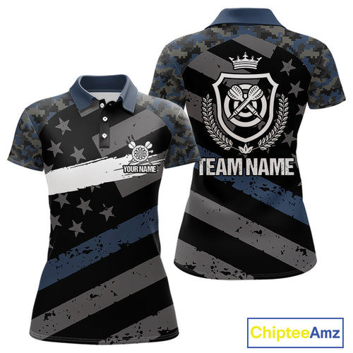 Blue Camo American Flag Darts Jersey For Women Custom Grunge Darts Shirt Team Polo & Quarter Zip TDM5031