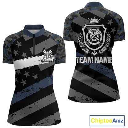 Blue Camo American Flag Darts Jersey For Women Custom Grunge Darts Shirt Team Polo & Quarter Zip TDM5031