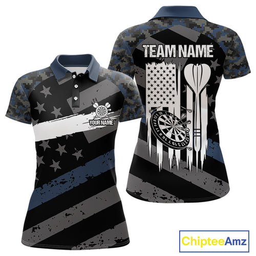 Blue Camo American Flag Darts Shirt For Women Custom Patriotic Darts Jersey Team Polo & 1/4 Zip TDM5034