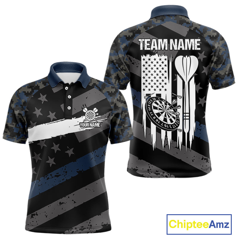 Blue Camo American Flag Darts Shirt For Men Custom Patriotic Darts Jersey Team Polo & 1/4 Zip TDM5034