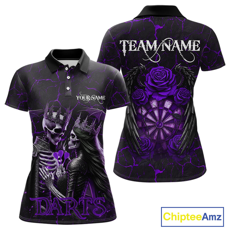Personalized Skeleton Couple And Roses Gothic Darts Shirt For Women, Darts Jersey Outfit | Purple TDM5040