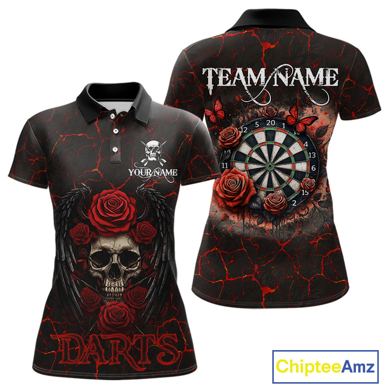 Personalized Skull And Roses Gothic Darts Shirt For Women Custom Red Dart Jersey Team Polo & 1/4 Zip TDM5041