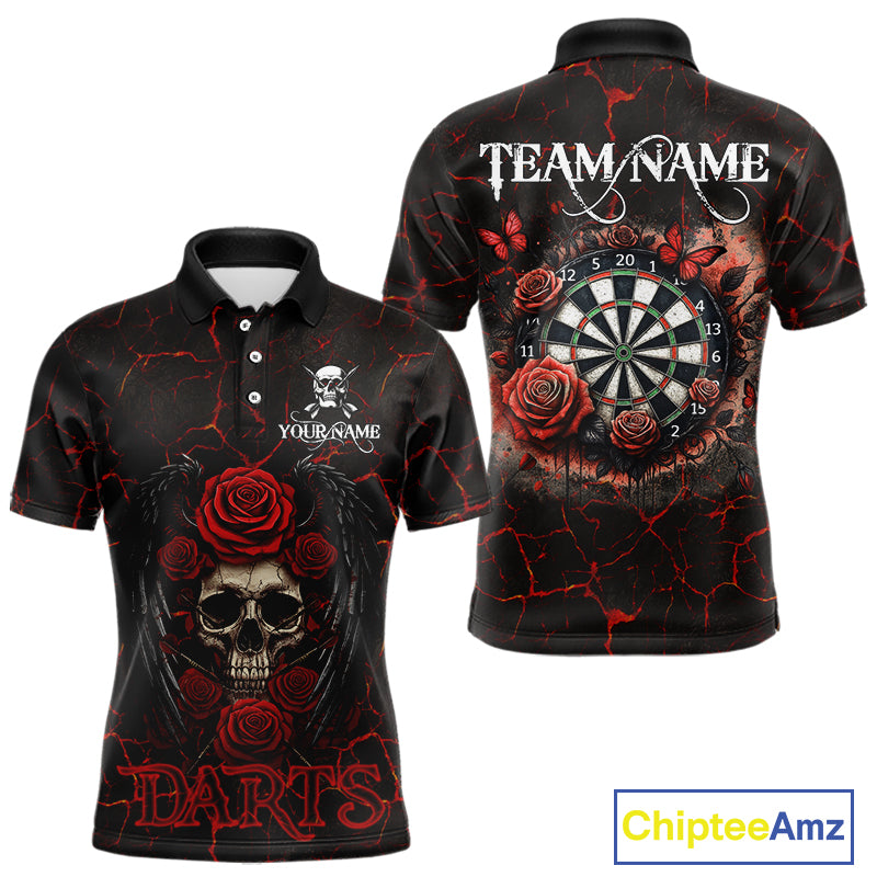 Personalized Skull And Roses Gothic Darts Shirt For Men Custom Red Dart Jersey Team Polo & 1/4 Zip TDM5041
