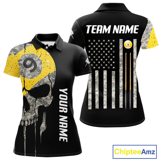 Personalized 9 Ball Camo Skull Billiard Shirt For Women, US Flag Pool Team Jerseys Polo & 1/4 Zip TDM5251
