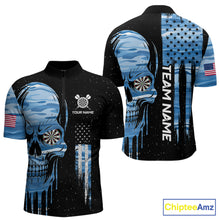 Load image into Gallery viewer, Blue Camo Skull American Flag Dart Shirt For Men Custom Patriotic Dart Jersey Team Polo &amp; 1/4 Zip TDM5772