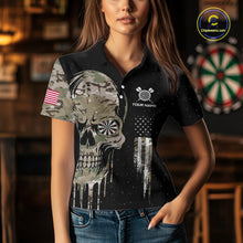 Load image into Gallery viewer, Black Grunge Camo Skull US Flag Dart Shirt For Women Custom Patriotic Dart Jersey Team Polo, 1/4 Zip TDM5773