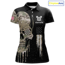 Load image into Gallery viewer, Black Grunge Camo Skull US Flag Dart Shirt For Women Custom Patriotic Dart Jersey Team Polo, 1/4 Zip TDM5773