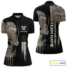 Load image into Gallery viewer, Black Grunge Camo Skull US Flag Dart Shirt For Women Custom Patriotic Dart Jersey Team Polo, 1/4 Zip TDM5773